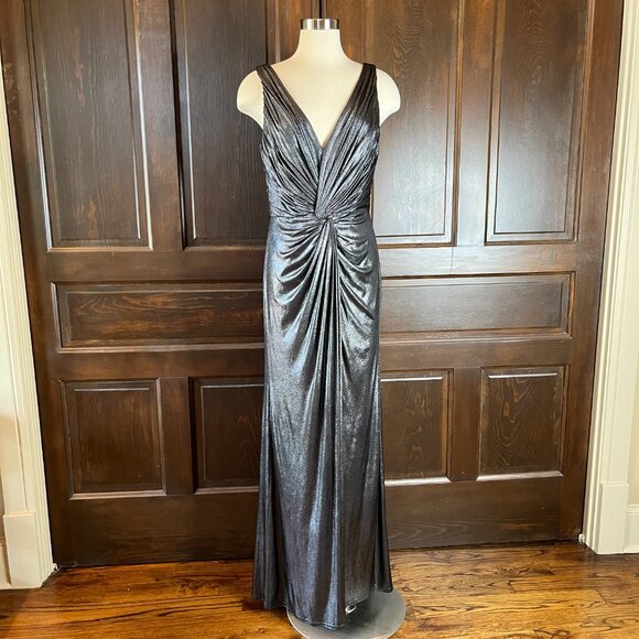 Tadashi Collection Evening Dress L Twist Front Sleeveless Long Metallic Jersey - Picture 2 of 13